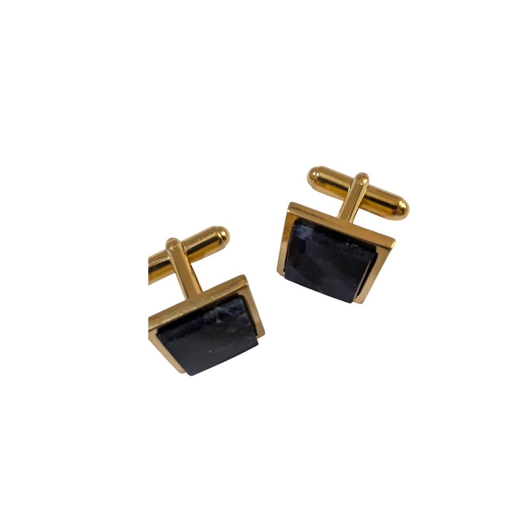 Vintage Gold Tone Square Navy Blue Stone Inlay Cufflinks Formal Mens Jewelry